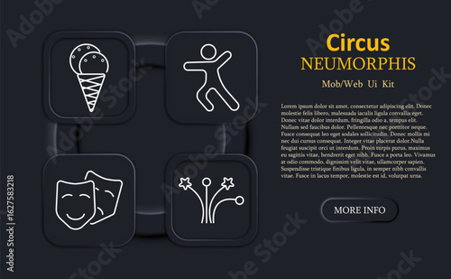 Circus set icon. Ice cream cone, stick figure in motion, comedy drama masks, and burst stars shown in outline on neumorphic UI tiles for entertainment themes