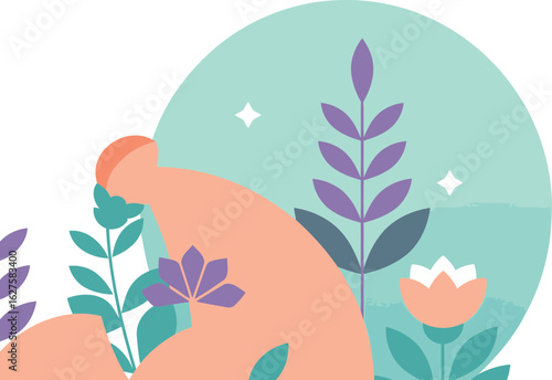 Abstract floral design with pastel colors in a tranquil setting. Geometric shapes and soft color palette depict a spring scene.