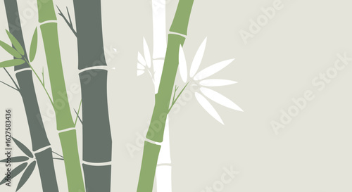 Bamboo stalks in various shades of green and beige displayed against a textured light gray background. Silhouetted bamboo stalks and leaves with a muted color palette.