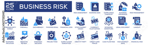 Business Risk icon collection set. Containing design Risk Assessment, Warning Sign, Compliance Checklist, Business Insurance, Risk Management. Solid icon collection.