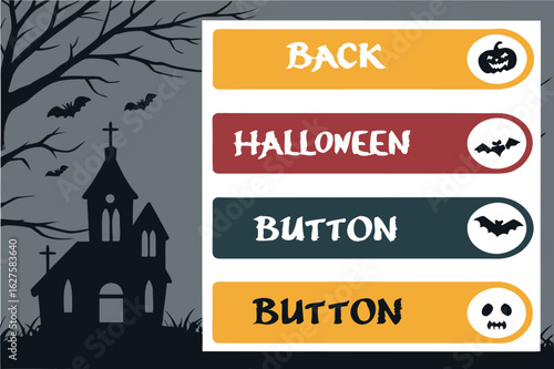 Halloween themed interface with a spooky house, bats, and buttons labeled back, halloween, and button twice