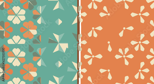 Two abstract floral patterns in teal and terracotta with geometric shapes. Repeating design of stylized flowers in a vintage style.
