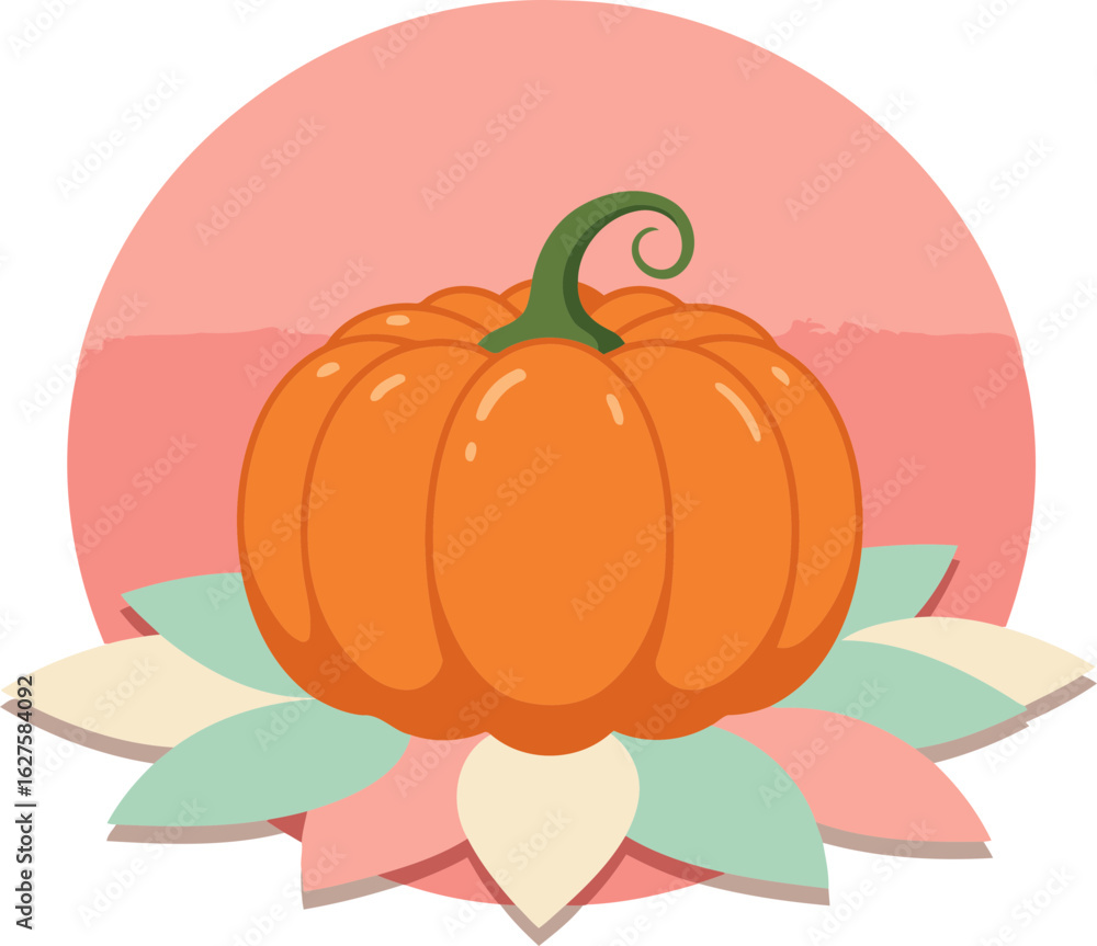 Obraz premium Orange pumpkin illustration with pastel floral design. Fresh, vibrant pumpkin rests on a lotus flower design. Cute, seasonal illustration for fall/autumn theme -