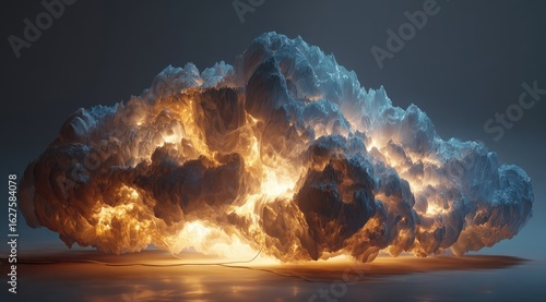 Glowing, ominous cloud formation, illuminated from within, rests on a reflective surface