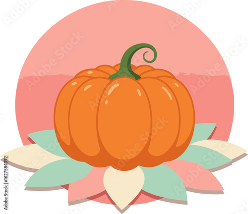 Orange pumpkin illustration with pastel floral design. Fresh, vibrant pumpkin rests on a lotus flower design. Cute, seasonal illustration for fall/autumn theme -