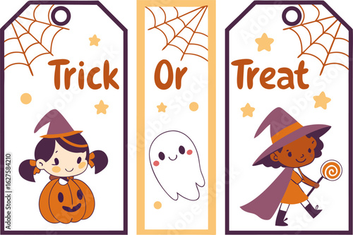 Illustration of three halloween themed tags featuring a witch a ghost and a pumpkin with trick or treat