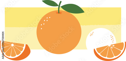 Orange fruit whole and sliced in simple, flat design style. Fresh fruit displayed against a yellow backdrop.