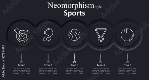 Sports set icon. Darts on target, ping pong paddle, basketball, medal, bowling ball represent precision sports, racket games, scoring, athletic rewards, and indoor competition