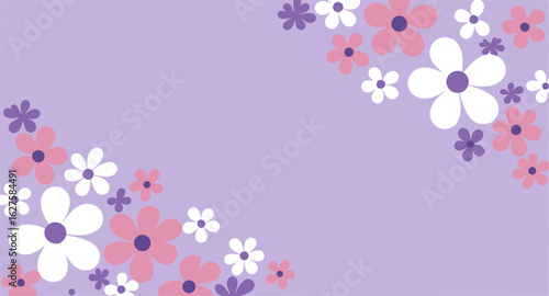 Floral pattern design with pastel shades of pink, purple, and white flowers in a corner setting. Decorative background for a child's room or other related applications.