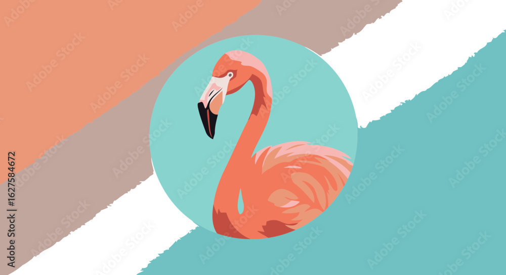 Fototapeta premium Pink flamingo illustration in a teal circle with a gradient background. Profile view of the flamingo with a detailed head and neck.