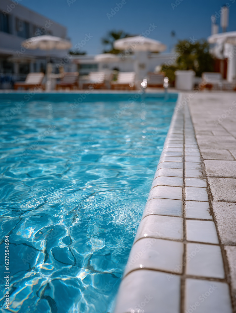 Obraz premium Close-up view of a swimming pool under a clear blue sky.