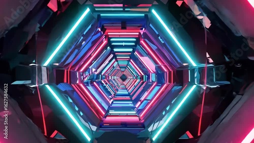 Futuristic neon tunnel with glowing lights, seamless 3D render animation loop in a high-tech sci-fi environment
