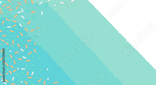 Abstract design with light teal and peach sprinkles against a soft teal gradient background. Scattered sprinkles in various sizes create a festive, airy ambiance.
