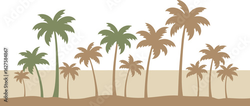 Palm tree silhouettes in neutral tones against a pastel background. Silhouetted tropical palms in a horizontal arrangement against a soft color palette.