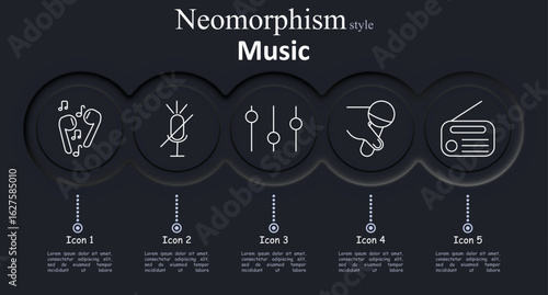 Music set icon. Earbuds with notes, muted microphone, equalizer bars, hand with mic, radio device show sound output, control levels, vocal performance, and audio broadcast