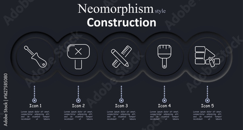 Construction set icon. Screwdriver, cancel signboard, pencil with ruler, paintbrush, brick wall with trowel in soft neomorphism style over dark rounded buttons