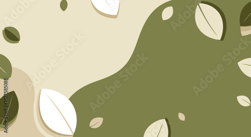 Abstract design with neutral tones featuring scattered leaves in muted green and beige tones. Minimalist organic shapes with soft color gradients.