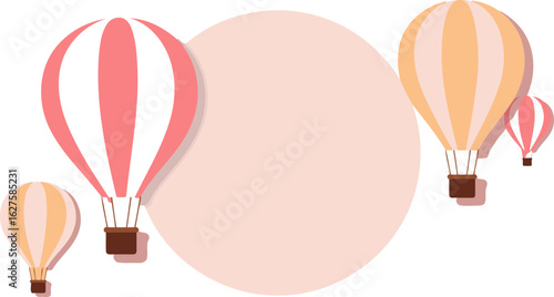 Pink and beige hot air balloons floating in a soft pink background with a large circle. A childlike illustration of hot air balloons in a whimsical setting.
