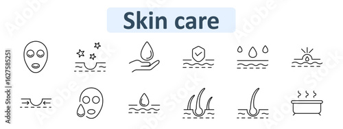Skin care set icon. Mask, skin glow, drop in hand, shield, droplets, sun absorption, pore lines, hair roots, steam bath in minimal smooth line style