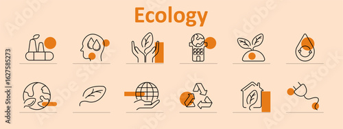 Ecology set icon. Includes globe, leaf, house, recycle, water, energy, electricity, hand, environment, growth, eco, industry, lightbulb, and sustainability items with orange highlights