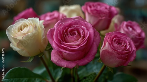 Beautiful arrangement of pink and white roses in a floral display at a local market during springtime