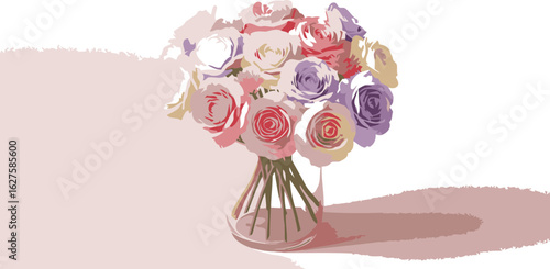 A bouquet of pastel roses in a clear vase, perfect for a greeting card or digital advertisement. The high-resolution image showcases the intricate details and soft colors of the roses.