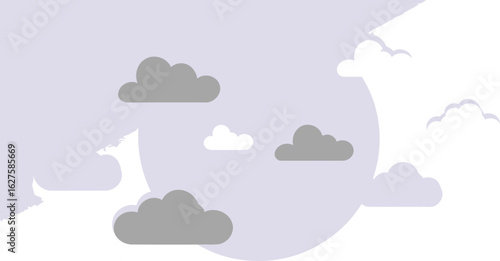 Pastel cloudscape with a soft, muted color palette. Floating, stylized clouds in various shades of gray and light blue, positioned against a light lavender background with a circular highlight area.