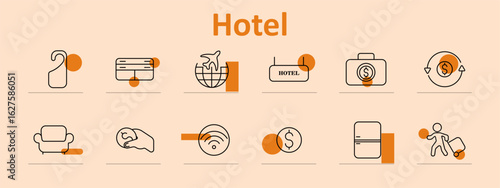 Hotel set icon. Includes doorknob sign, credit card, airplane globe, hotel sign, money, currency, couch, hand, wifi, refrigerator, suitcase, each with clean iconographic lines