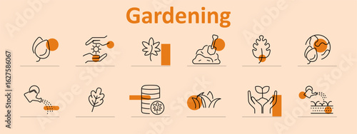Gardening set icon. Shows sun, hand, shovel, soil, leaf, watering can, grass, jar, plant, drawn with delicate outlines and natural elements in stylized garden theme