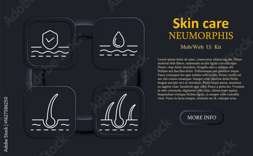 Skin care set icon. Shield above skin, water droplet on skin, single hair, double hair, minimalist white outline, digital neumorphic rounded UI interface, personal care theme.