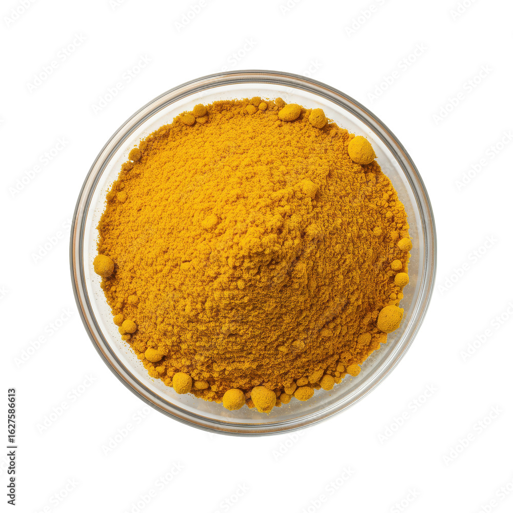 Close-up view of vibrant yellow turmeric powder in a glass bowl, highlighting its texture and color Close-up view of vibrant yellow turmeric powder in a glass bowl, highlighting its texture and color
