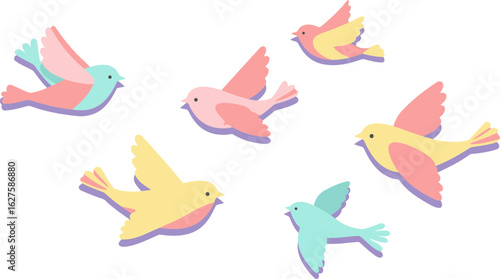 Cute, colorful birds in flight against a pastel purple background. Happy, whimsical birds taking flight in a playful, vibrant setting.
