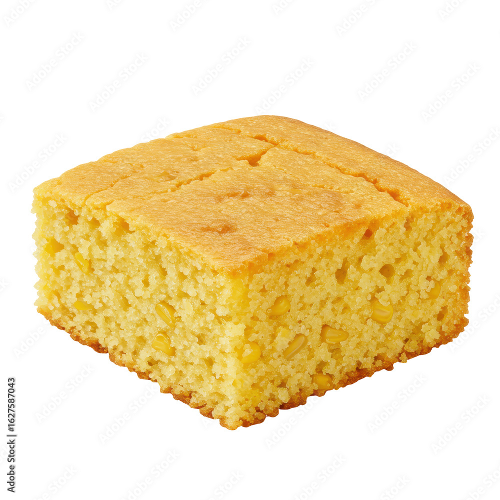 A freshly baked square of golden cornbread on a white background, ideal for culinary presentations A freshly baked square of golden cornbread on a white background, ideal for culinary presentations