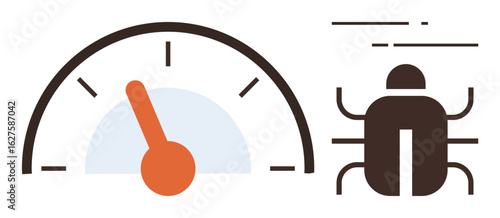 Speedometer with orange needle and a bug icon depicting code performance and debugging. Ideal for programming, debugging, optimization, testing, quality control, productivity, simple flat metaphor