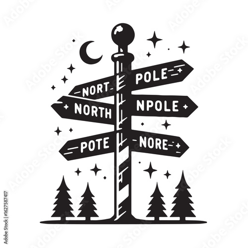 black North Pole signpost Silhouette Vector, High Quality Illustration on White Background
