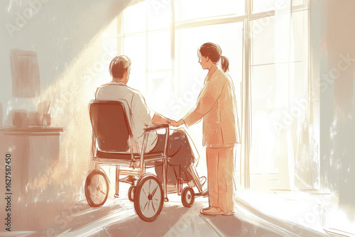 Hhealthcare worker helping a patient with a mobility aid