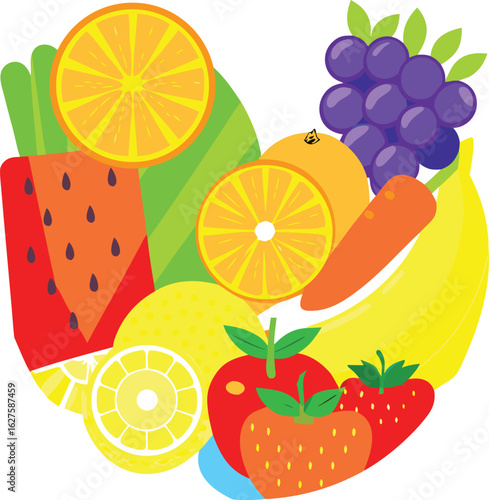 Vibrant assortment of fresh fruits and vegetables arranged in a lively composition on a white background