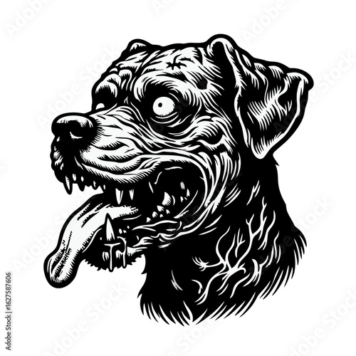 Detailed black and white illustration of an aggressive dog head with bared teeth and protruding tongue, showcasing intricate line work.
