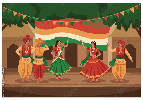 Indian men and women in colorful traditional attire dancing and holding the flag of India during a celebration.