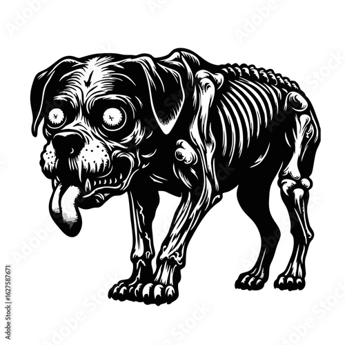 A black and white illustration of a zombie dog with exposed ribs, visible skeleton, and tongue hanging out.