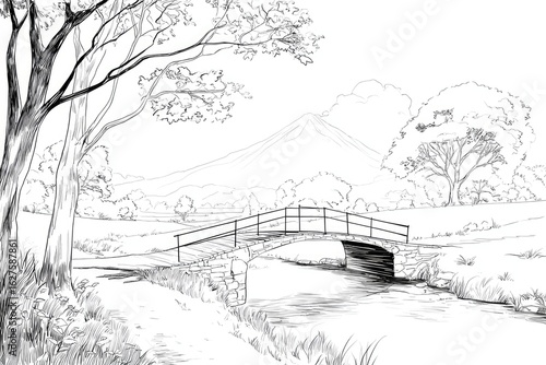 Wallpaper Mural Hand-drawn sketch of a landscape with a bridge over a stream. Torontodigital.ca