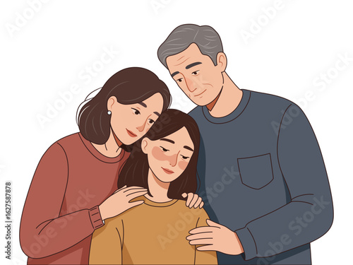 portrait happy family support hug each other adult woman embracing mature parents grandparents background parents child feeling love illustration