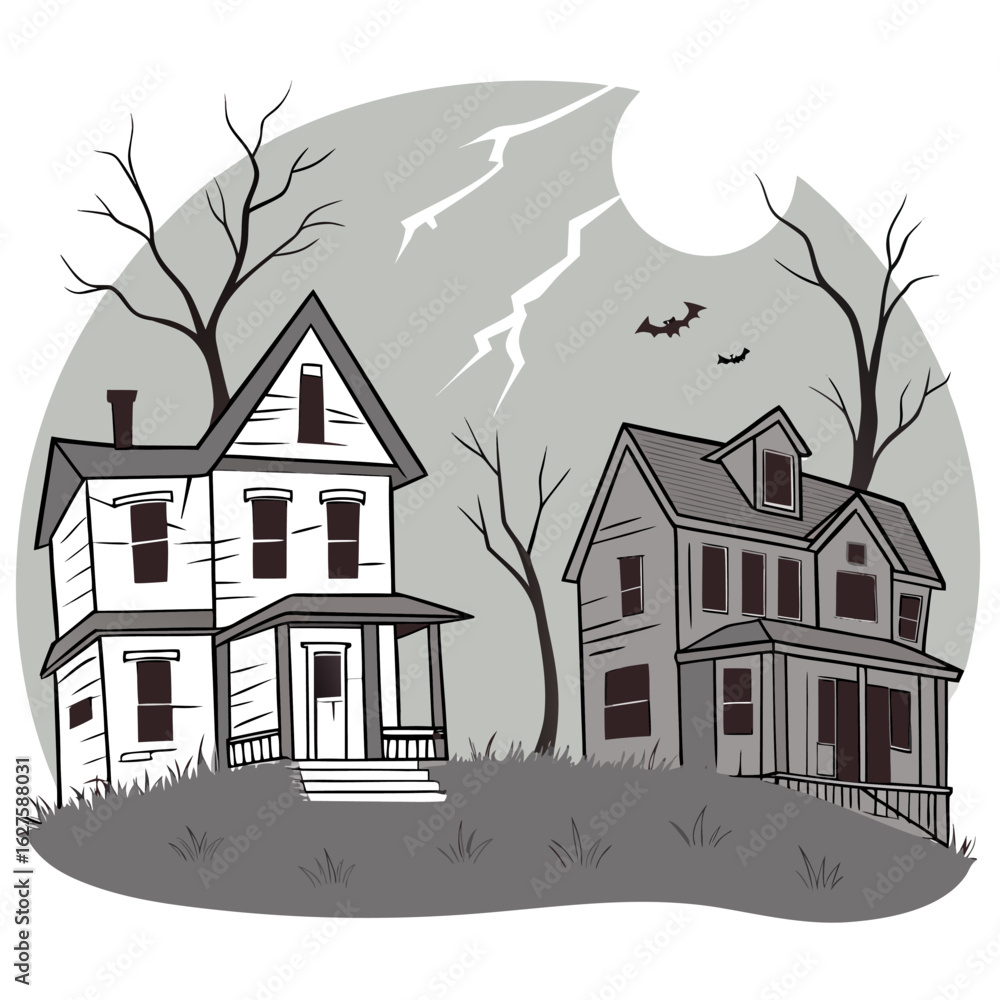 Fototapeta premium Illustration of two haunted houses under a full moon with bats and lightning in a spooky grayscale scene