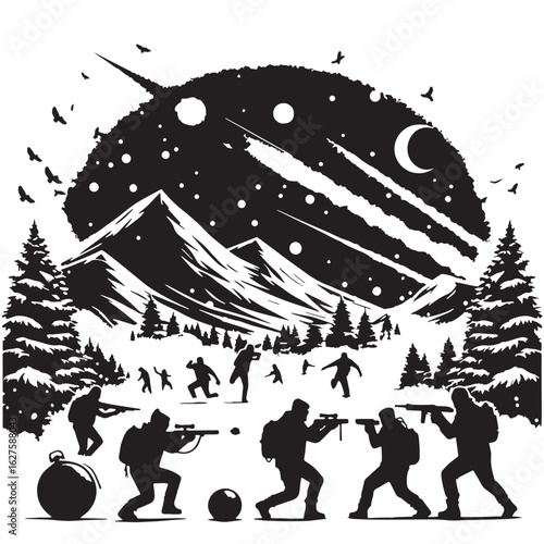 black Snowball fight scene Silhouette Vector, High Quality Illustration on White Background