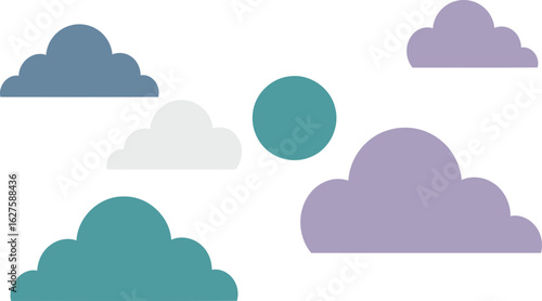 Simple cloud shapes in various pastel shades against a plain white background. Abstract cloud formations with muted colors.