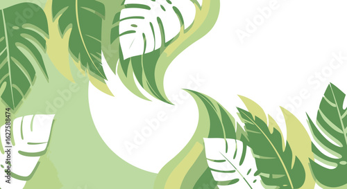 Abstract tropical leaf design with pale green background. Intricate, overlapping patterns of stylized tropical leaves in various shades of green and white, creating a flowing, organic design.