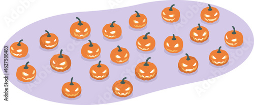 Jack-o'-lantern pumpkins in a repeating pattern on a purple background. Halloween themed graphic design with a flat, cartoonish style. Halloween decorations for marketing purposes.