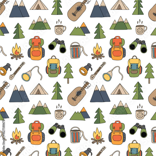 Whimsical camping pattern with backpacks tents mountains and campfires