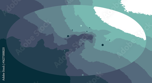 Abstract oval shape with a gradient of teal and gray hues. Distinctive scattered dots of varying sizes and shades.