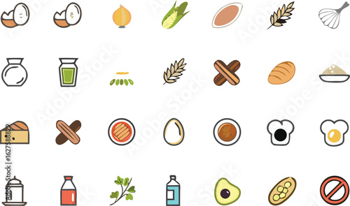 Collection of hand drawn icons representing healthy food ingredients and dietary choices